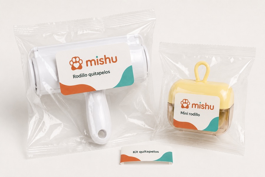Kit Rodillo + Mini Mishu: rodillo quitapelos grande y mini rodillo, cada uno en su bolsa individual